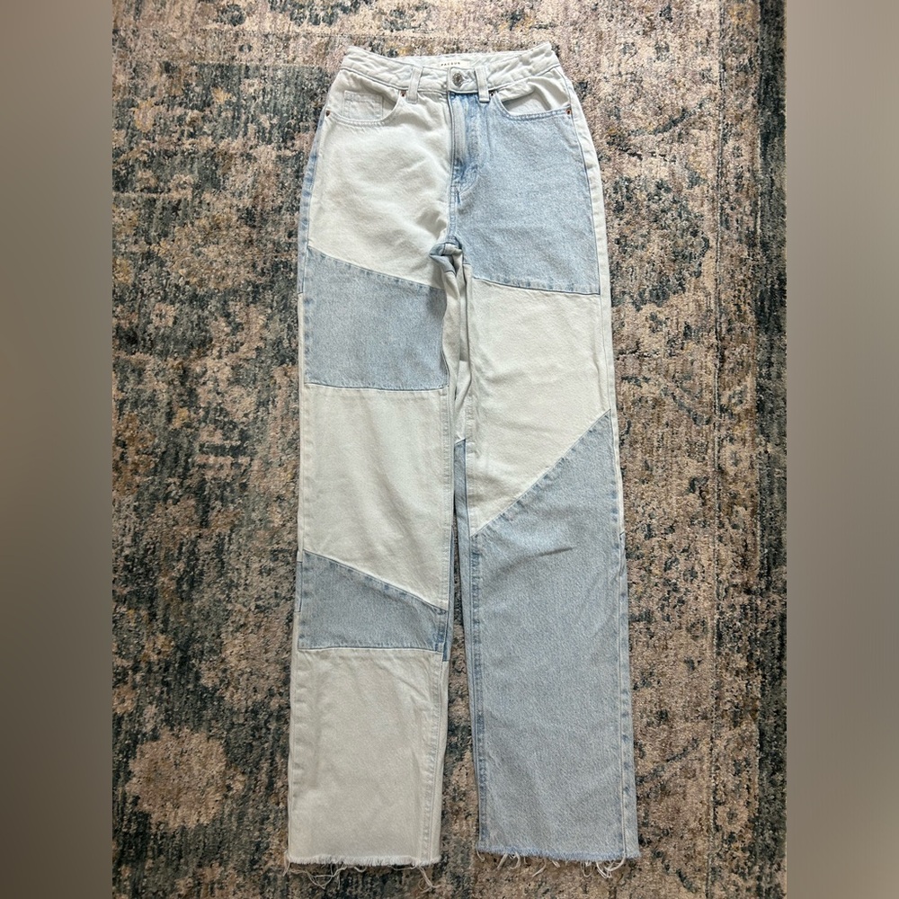 PacSun Blue and Cream Straight Leg Patchwork Jeans